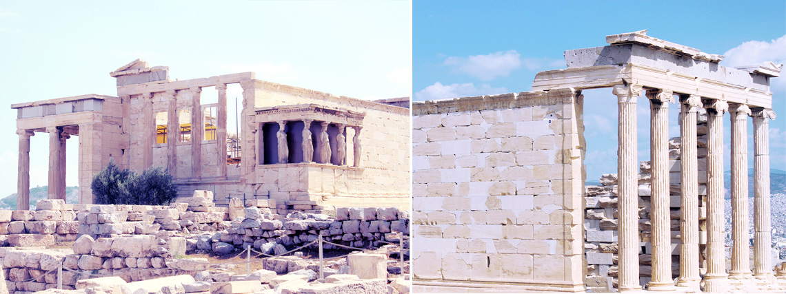 The foundation of the old Temple of Athena and beyond, the Erechtheion with its "Porch of Maidens", modern chic magazine
