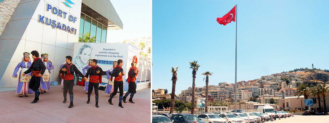 A group of dancers performing several traditional Turkish dances & The Turkey flag bellowing in the wind right outside the Cruise terminal