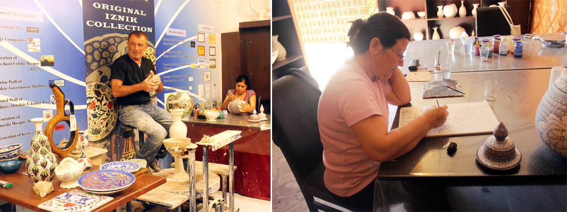 Busy artisans at work molding, painting and designing various Turkish ceramics.