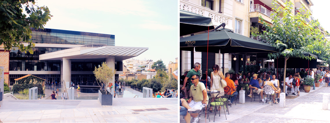 A view of The Acropolis Museum and several outdoor cafes, modern chic magazine