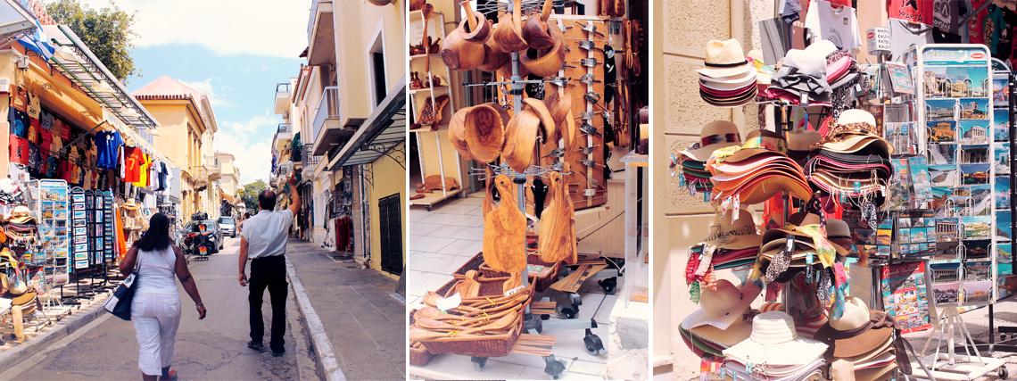 Souvenir Shops around the Plaka district featuring classic Greek souvenirs and handmade wooden pieces., modern chic magazine