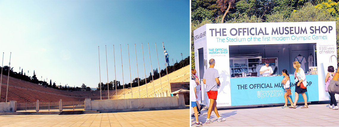 A view of the Panathenaic Stadium and adjoining Museum Shop. Athens Greece, modern chic magazine