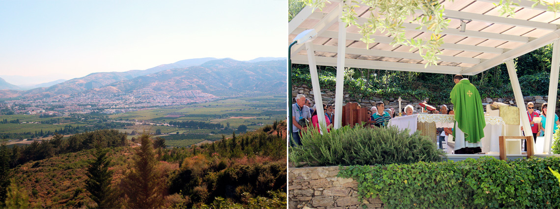 The gorgeous view overlooking the entire region from a top & A priest giving a mass near the shrine at the House of the Virgin Mary