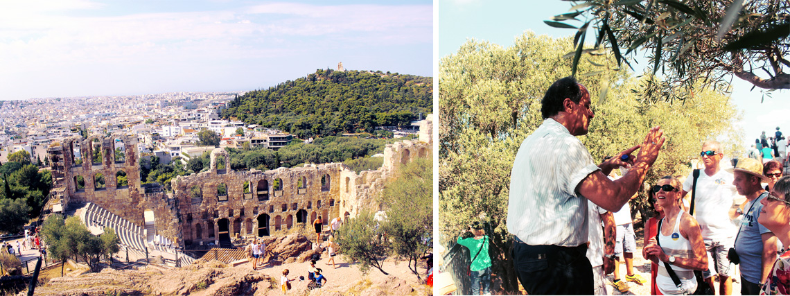 A view of the Odeon of Herodes Atticus from above, and our tour guide sharing the history of the Acropolis, modern chic magazine