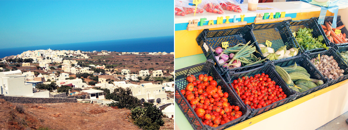 First glimpse of Oia & a Vegetable stand