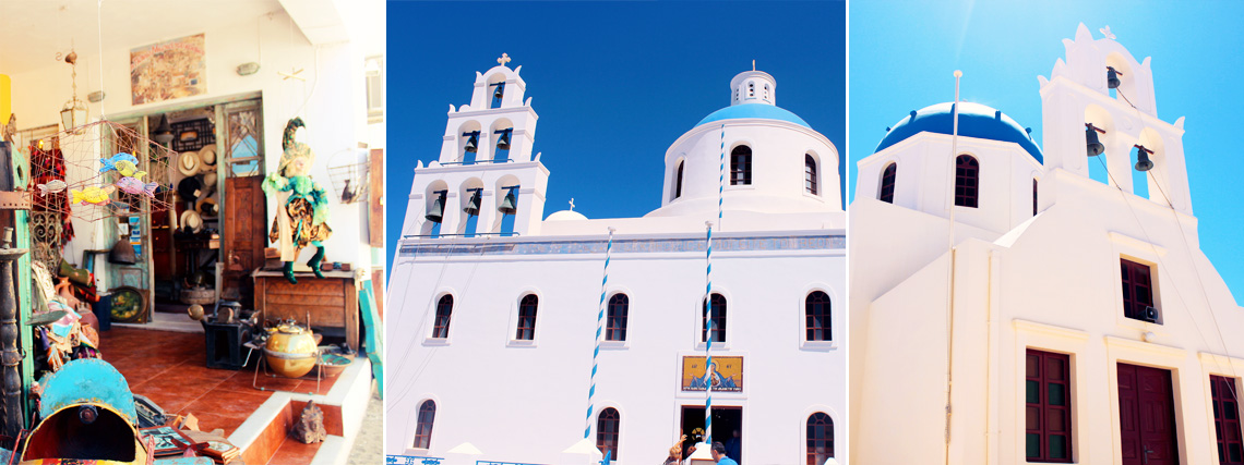 Shops & Blue domed Churches in village of Oia