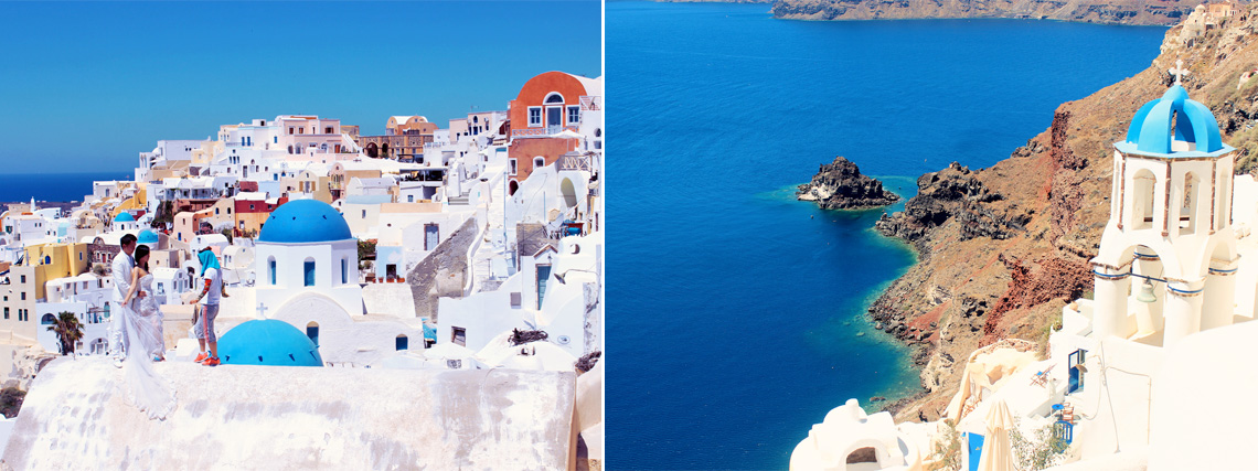 A couple taking wedding photos & a view of the turquoise waters below, oia, greece