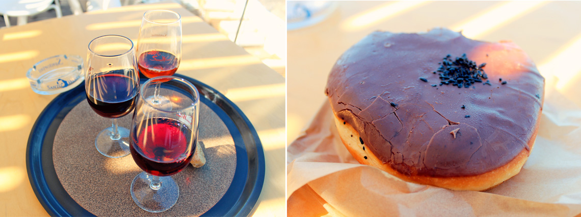 Enjoying glasses of Greek Wine & Chocolate Greek Donut in Santo Wines Winery