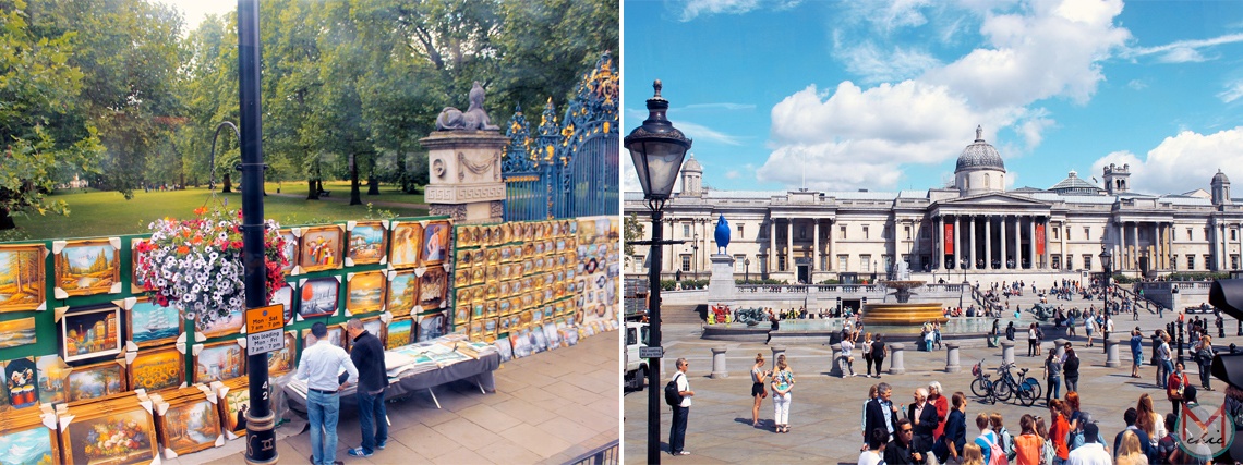 Paintings hanging all alongside Green Park & The National Gallery in Trafalgar Square