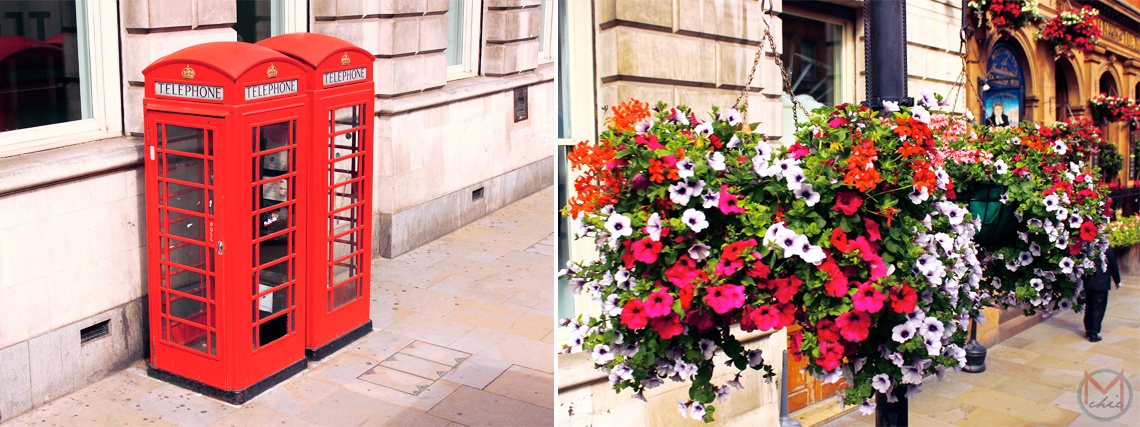 The famous Red Telephone booths & an assortment of flowerpots