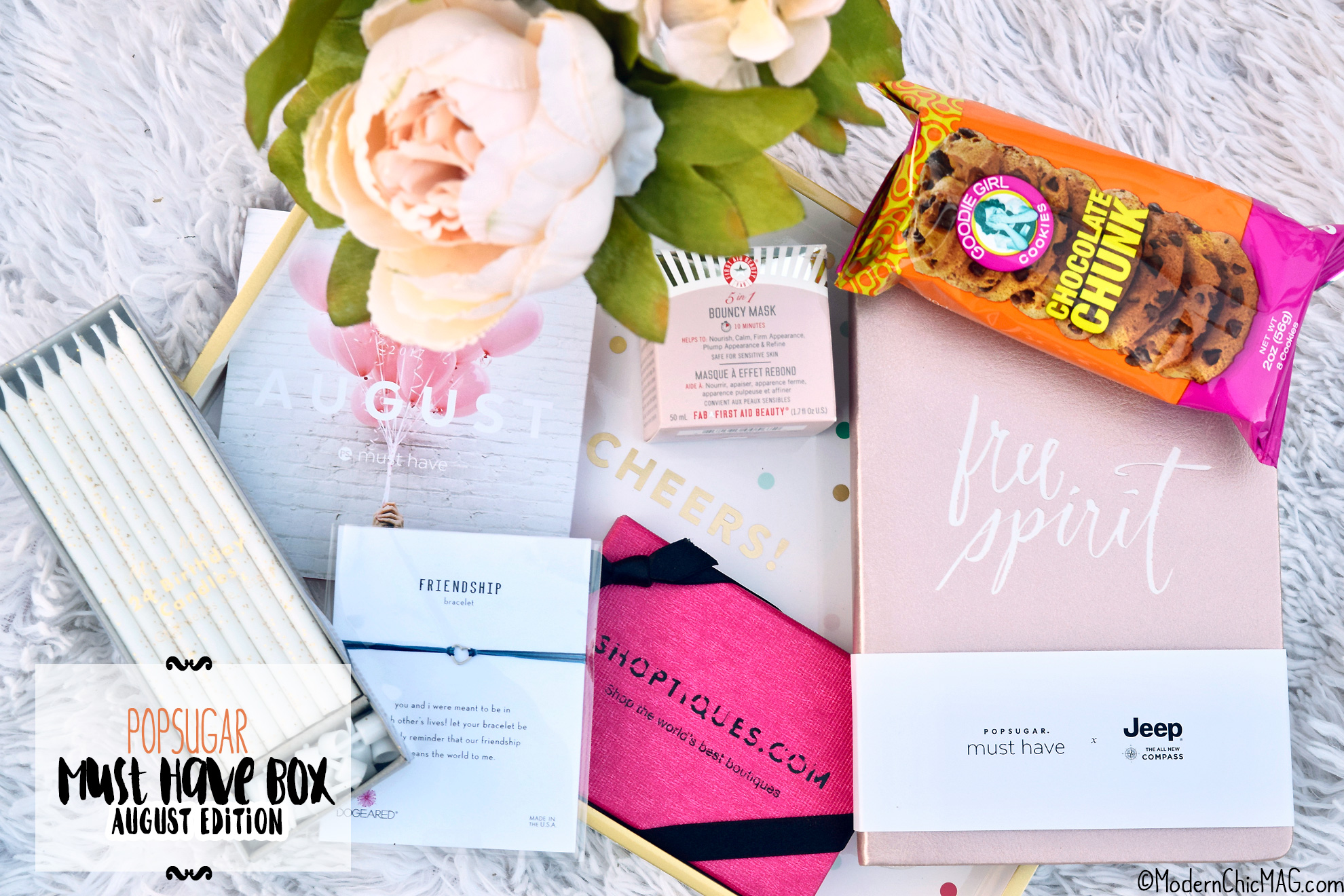 Popsugar, Must Have Box, birthday, shopping, monthly subscription service, beauty, fashion, home decor, food, lifestyle, bblogger, beauty blog, Popsugar Must Have Box, review, dogeared, first aid beauty, shoptiques.com, Goodie Girl Cookies, Jeep, Meri Mri, Fringe Studio, Pastel